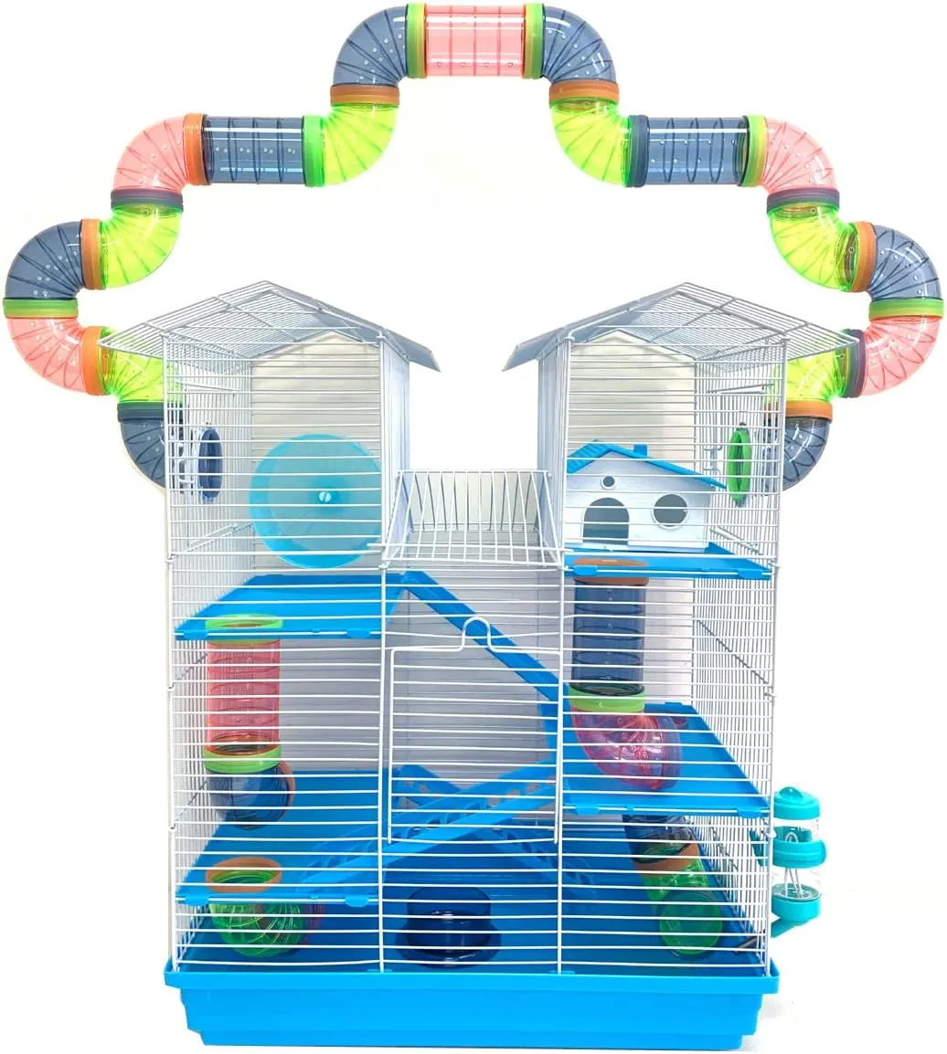 5-Level Large Expandable and Customizabl Cross Twin Tower Tube Tunnel Habitat Hamster Rodent Gerbil Mouse Mice Rat Home Cage with Hide House Exercise Running Wheel Water Bottle Food Bowl