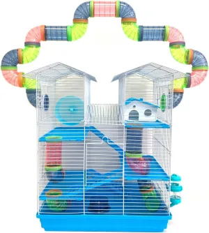 5-Level Large Expandable and Customizabl Cross Twin Tower Tube Tunnel Habitat Hamster Rodent Gerbil Mouse Mice Rat Home Cage with Hide House Exercise Running Wheel Water Bottle Food Bowl
