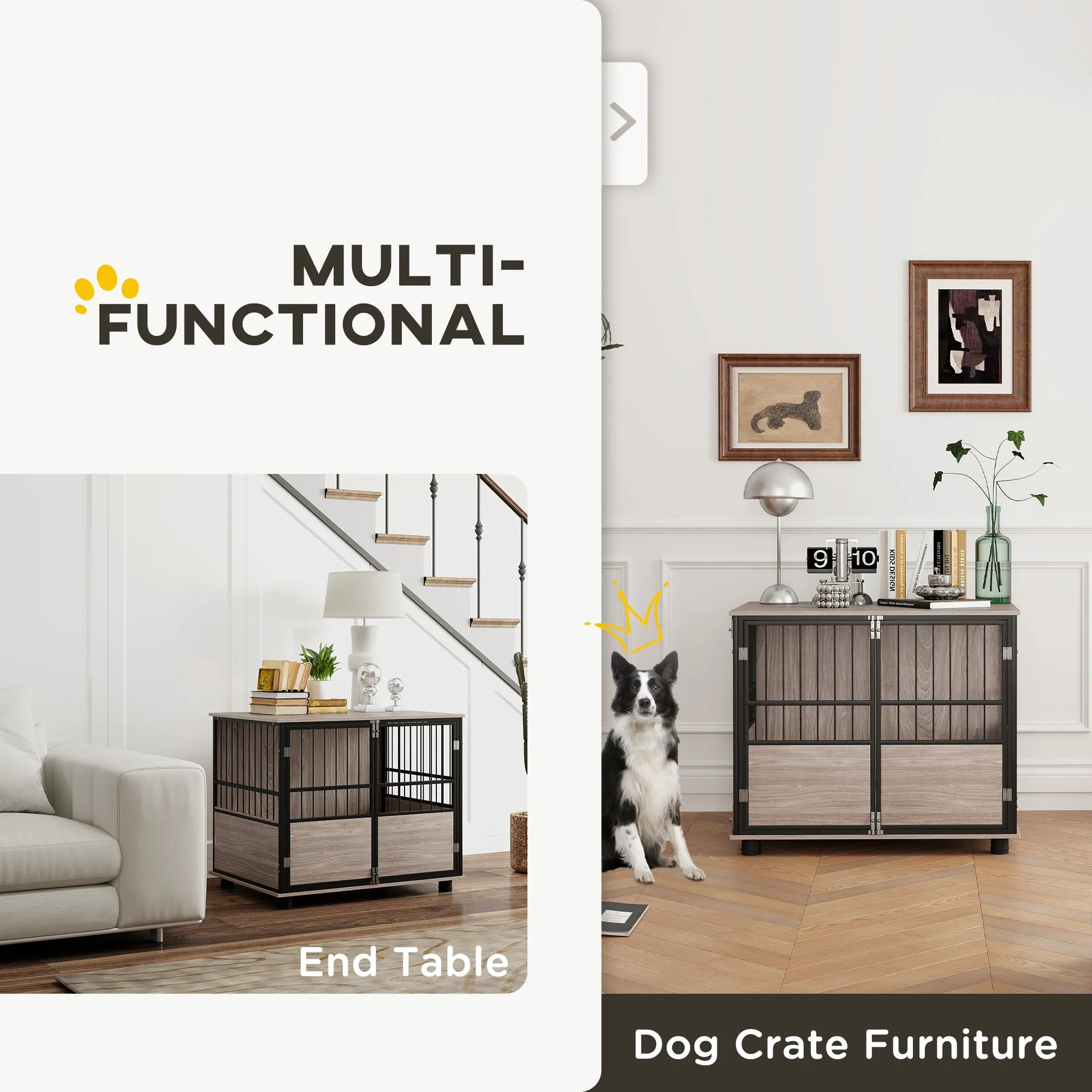 PawHut 80cm Dog Crate Furniture Dog Cage End Table Indoor w/ Doors, Cushion