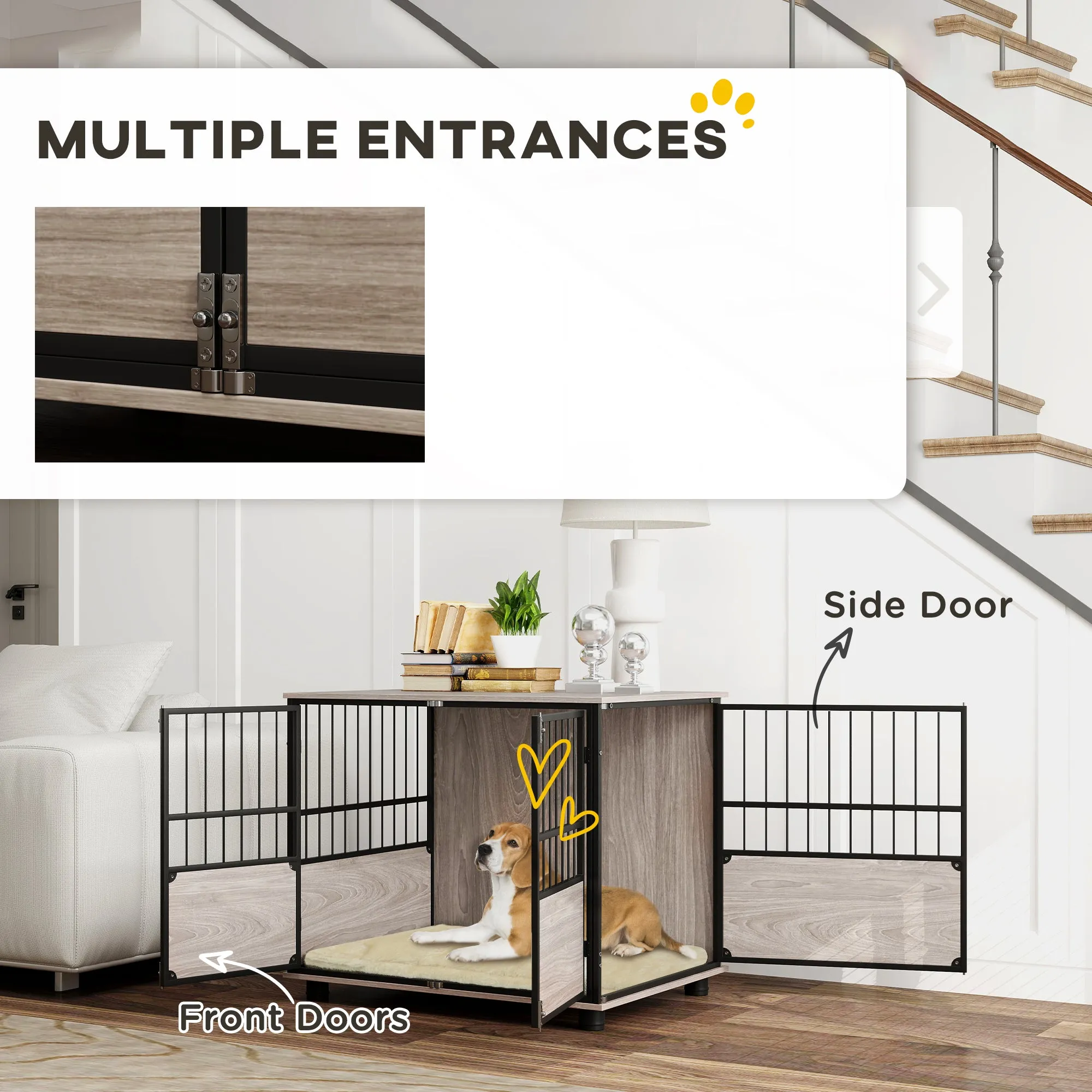 PawHut 80cm Dog Crate Furniture Dog Cage End Table Indoor w/ Doors, Cushion